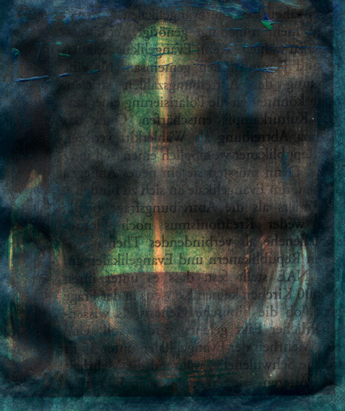 {Salvator Mundi} (Detail), Überarbeitung des Bildes von Leonardo da Vinci, 
Offsetdruck, Acryl und Leinöl auf Papier, 2012